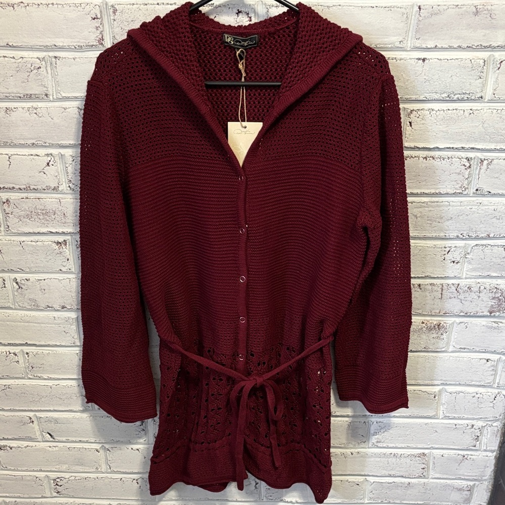DG2 by Diane Gilman Naturals Burgundy Hooded Knit Cardigan Size Small